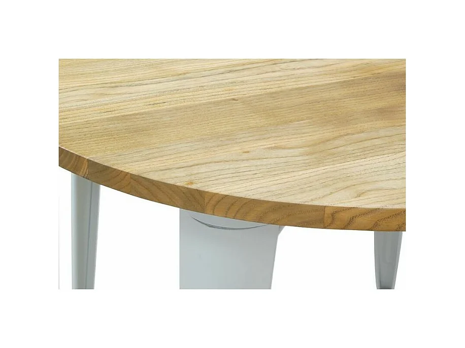 Table ronde industrielle en métal blanc et bois d'orme huilé