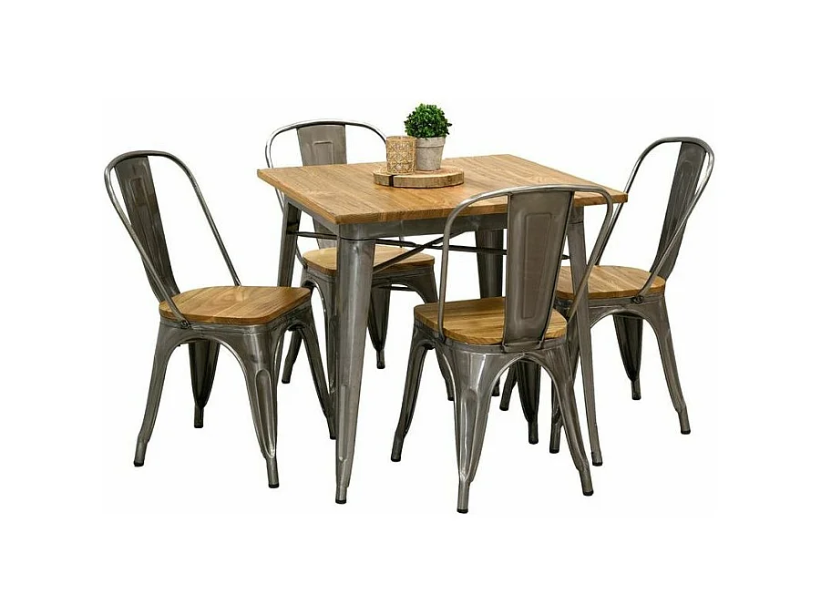 Table carrée industrielle en métal et bois d'orme huilé