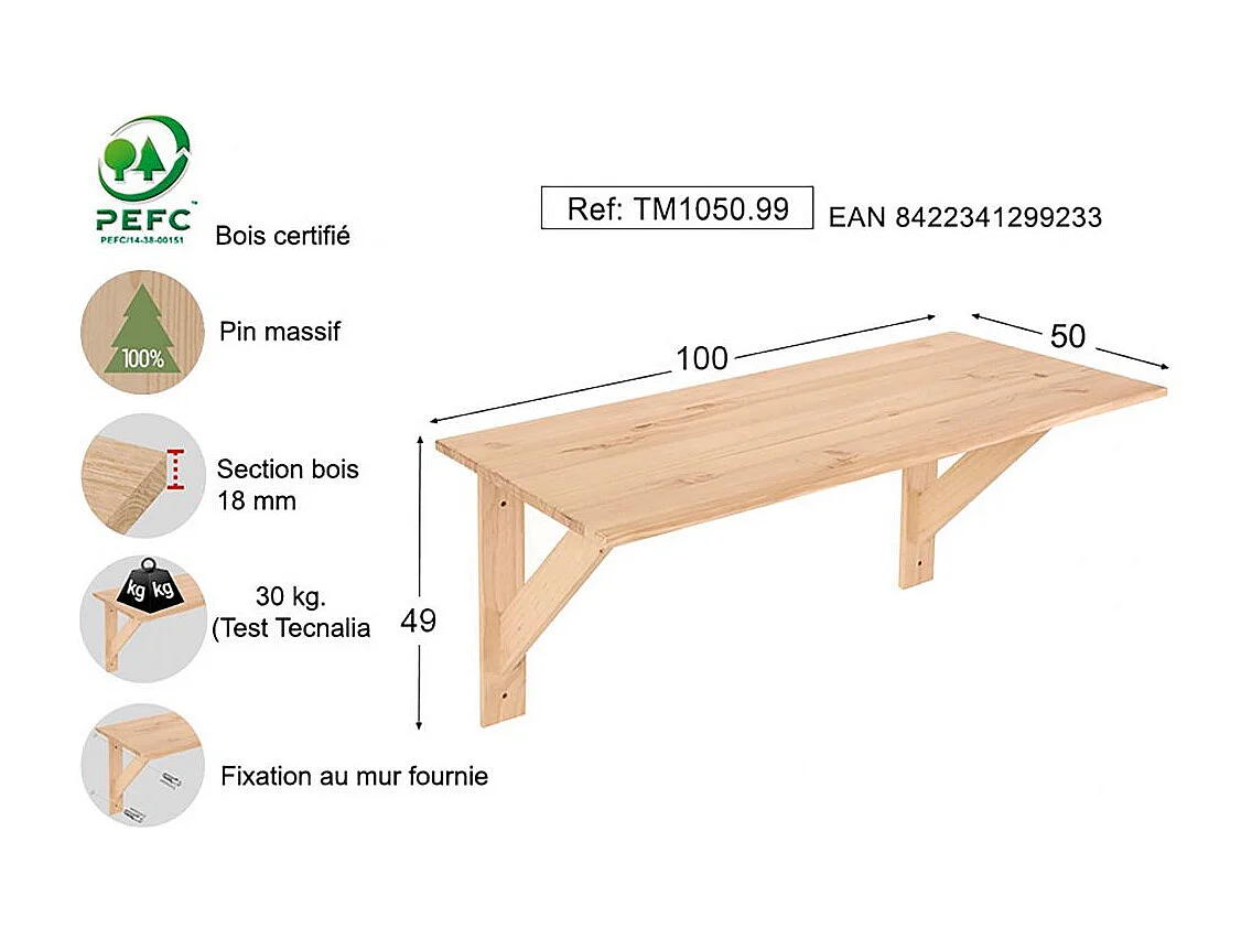 Table murale en pin massif Kit Line