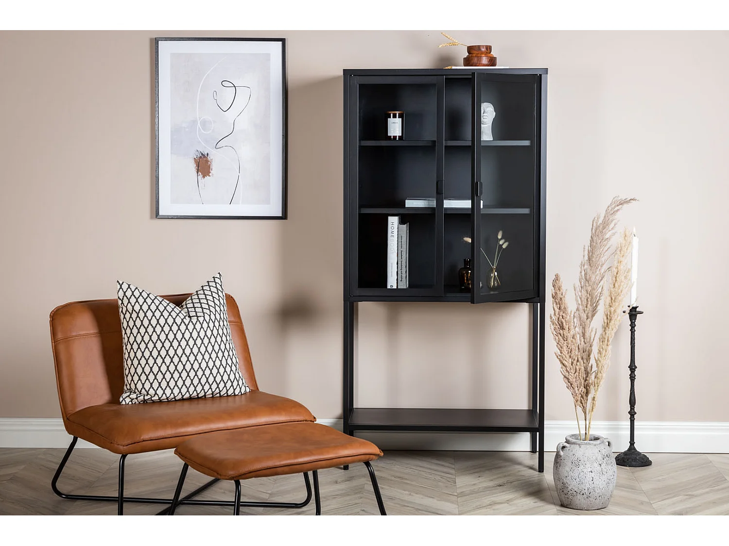 Misha Armoire vitrine 2 portes, 4 tablettes de rangement, noir.