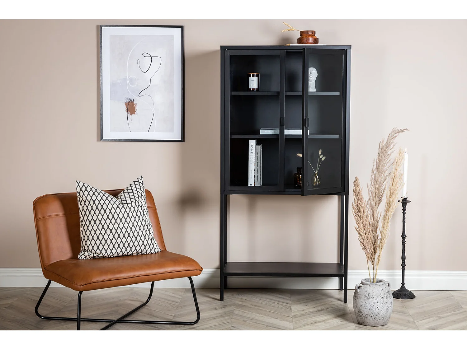 Misha Armoire vitrine 2 portes, 4 tablettes de rangement, noir.