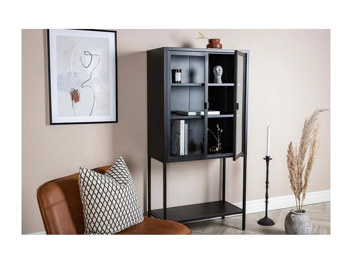 Misha Armoire vitrine 2 portes, 4 tablettes de rangement, noir.