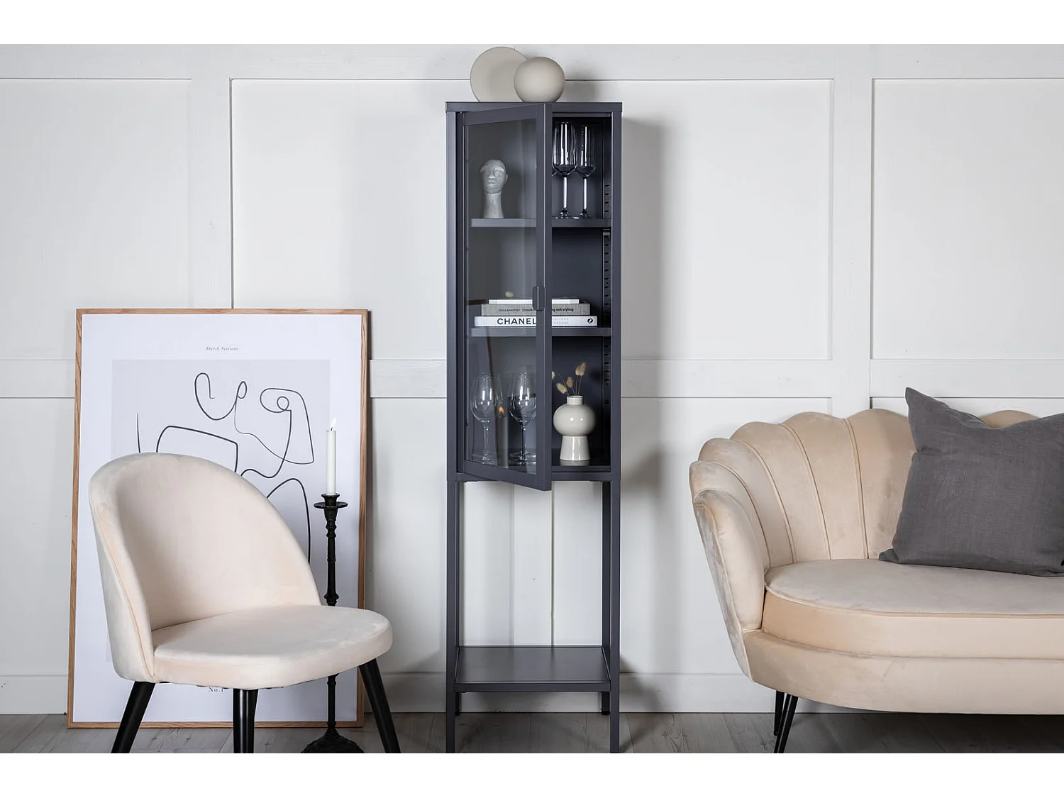 Misha Armoire vitrine 1 porte, 4 tablettes de rangement, gris.