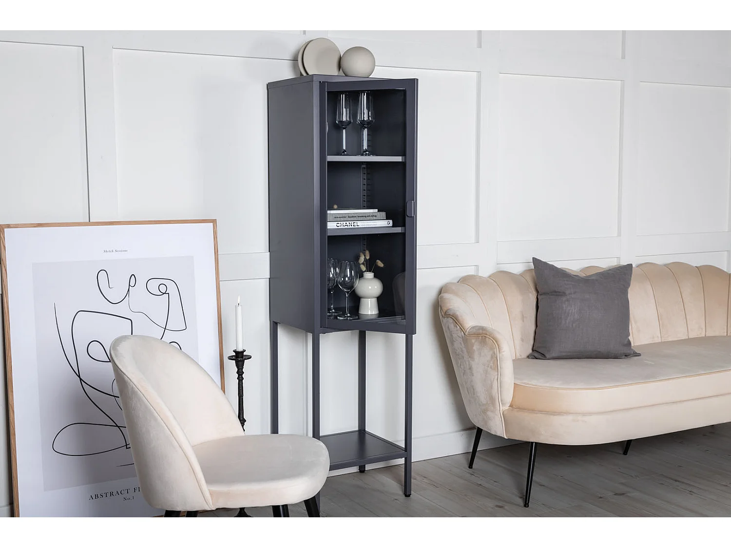 Misha Armoire vitrine 1 porte, 4 tablettes de rangement, gris.