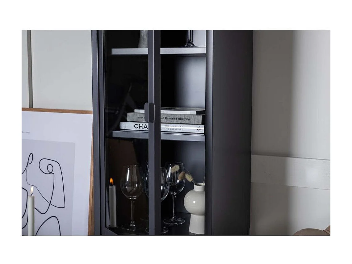 Misha Armoire vitrine 1 porte, 4 tablettes de rangement, gris.