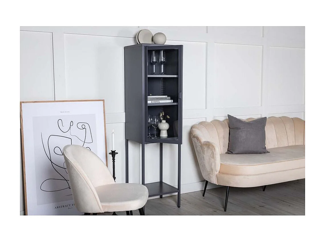 Misha Armoire vitrine 1 porte, 4 tablettes de rangement, gris.