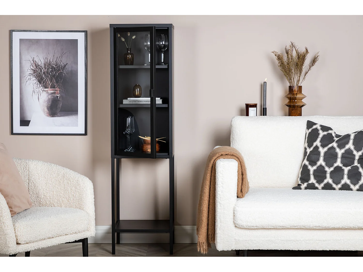 Misha Armoire vitrine 1 porte, 4 tablettes de rangement, noir.
