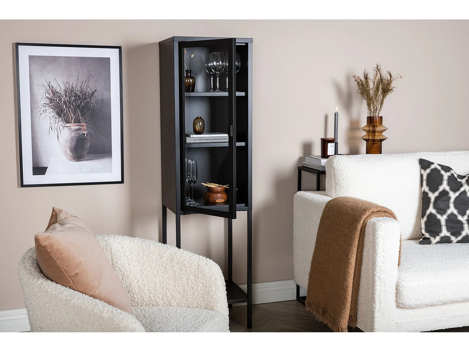 Misha Armoire vitrine 1 porte, 4 tablettes de rangement, noir.