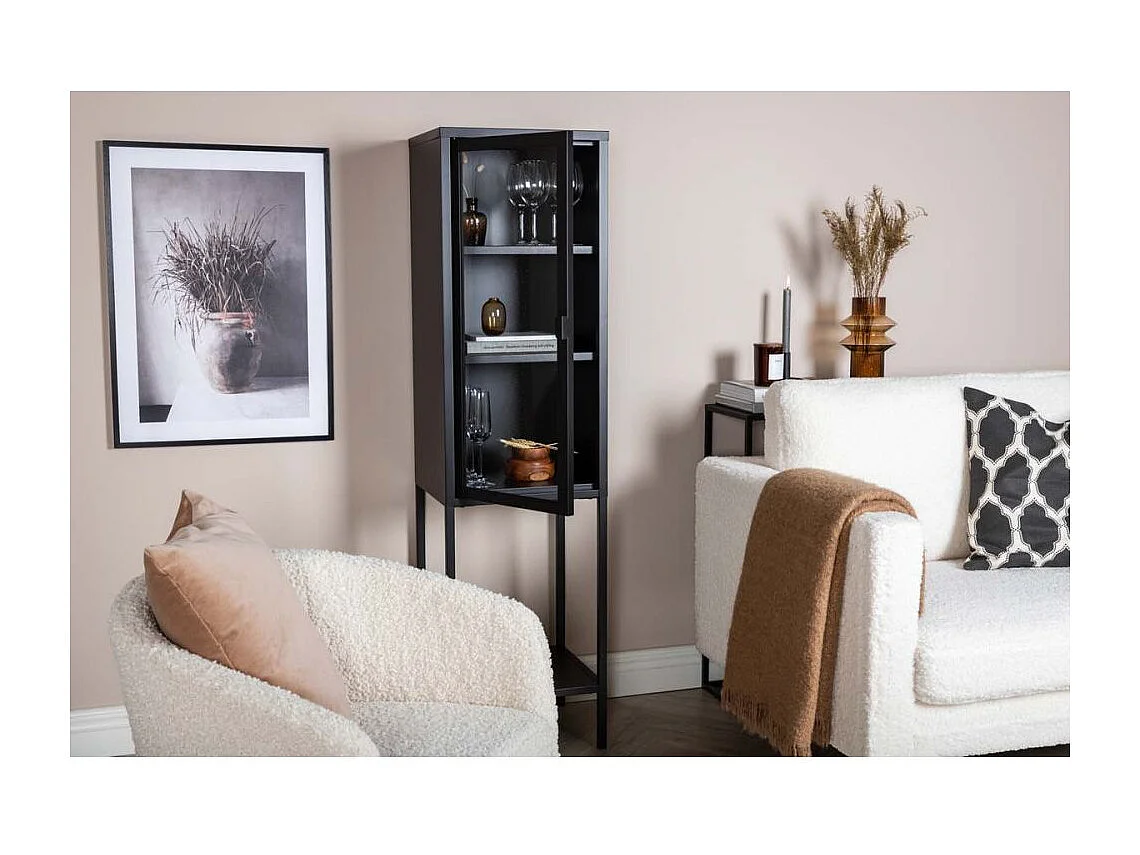 Misha Armoire vitrine 1 porte, 4 tablettes de rangement, noir.