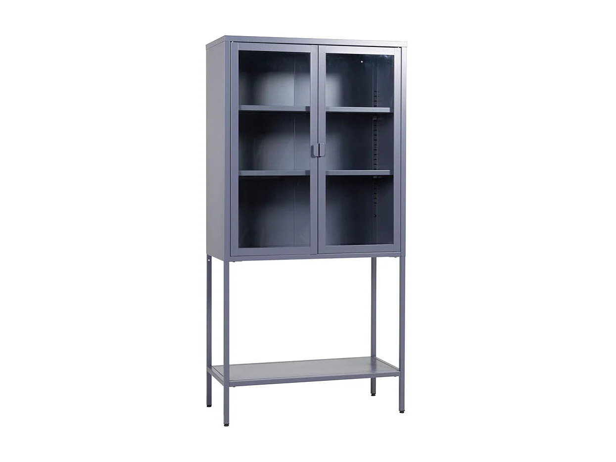 Misha Armoire vitrine 2 portes, 4 tablettes de rangement, gris.