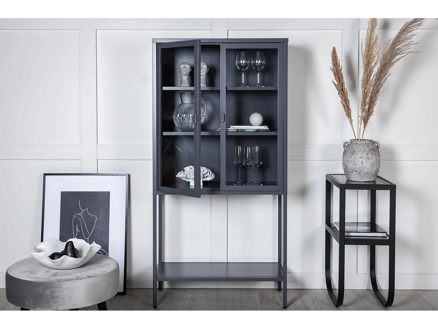 Misha Armoire vitrine 2 portes, 4 tablettes de rangement, gris.