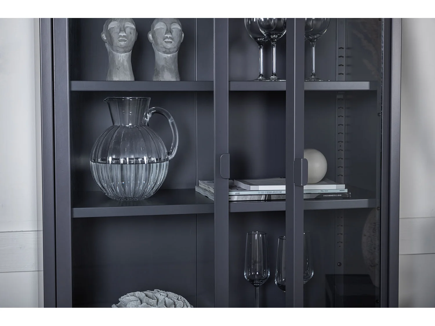 Misha Armoire vitrine 2 portes, 4 tablettes de rangement, gris.