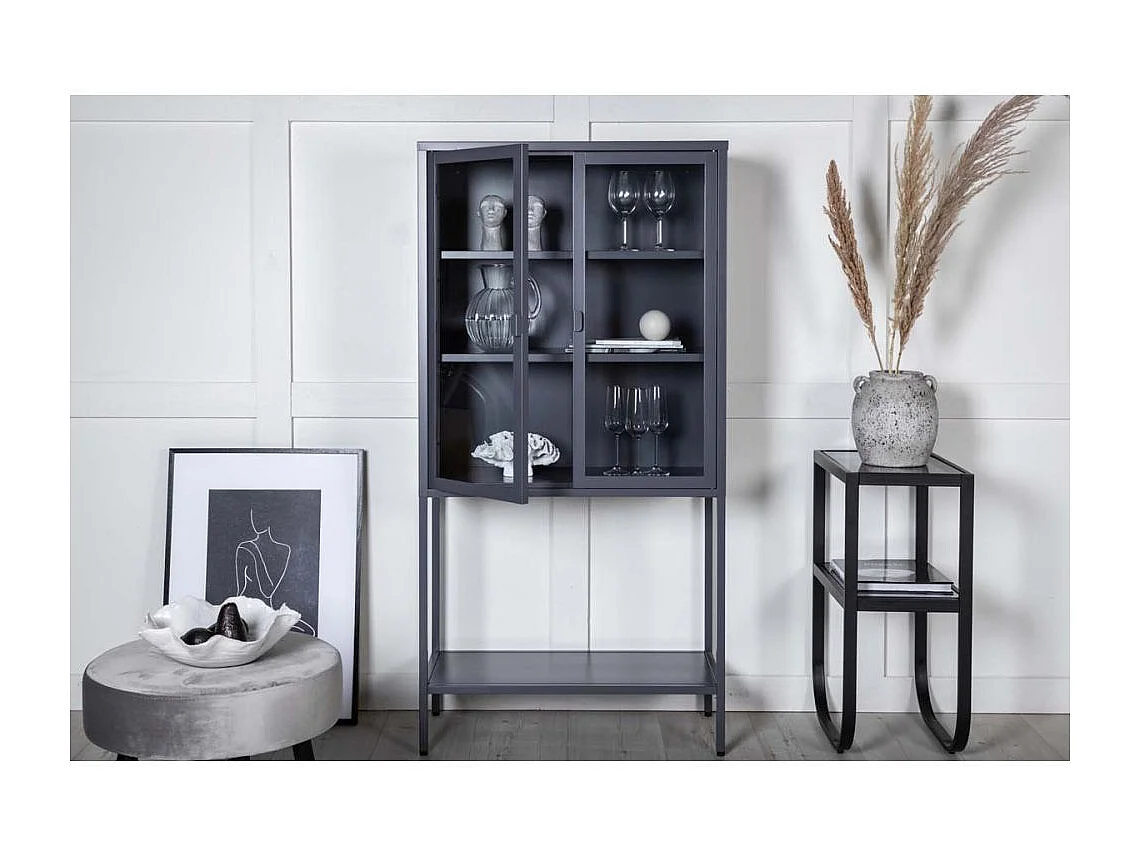 Misha Armoire vitrine 2 portes, 4 tablettes de rangement, gris.