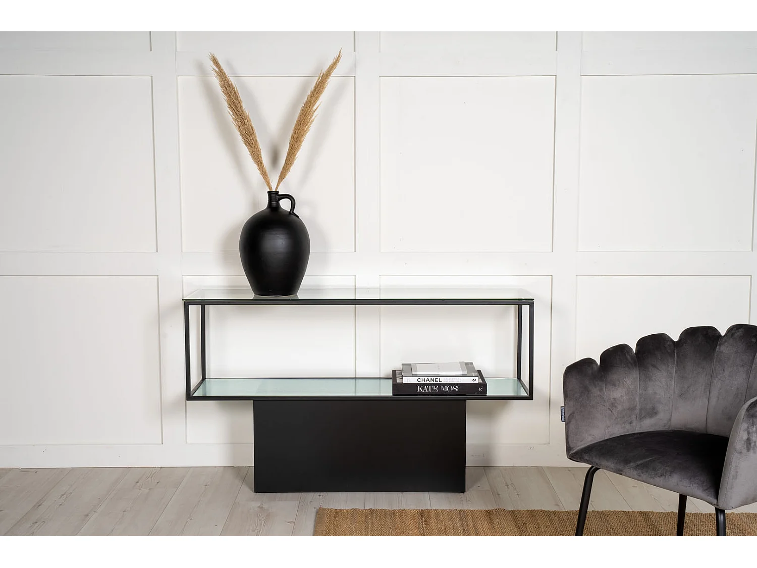 Maglehem wandkast met plank 35x130 cm glas, zwart.