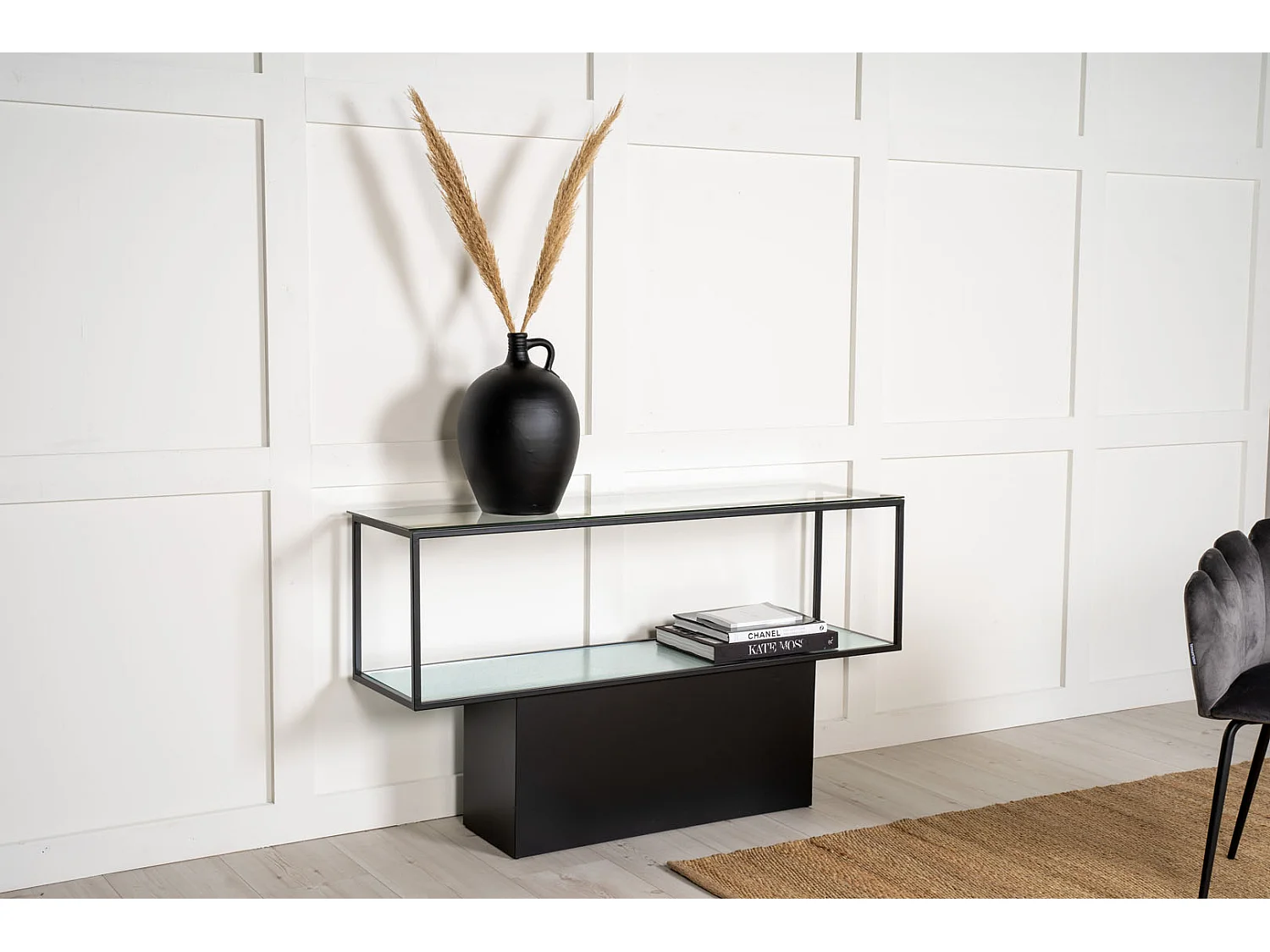 Maglehem wandkast met plank 35x130 cm glas, zwart.