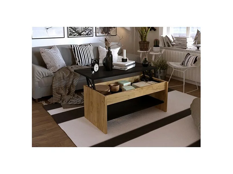 Höhenverstellbarer Couchtisch HAPPY - Dekor Eiche und Schwarz - Industriestil - L 100 x B 50 x H 44 cm