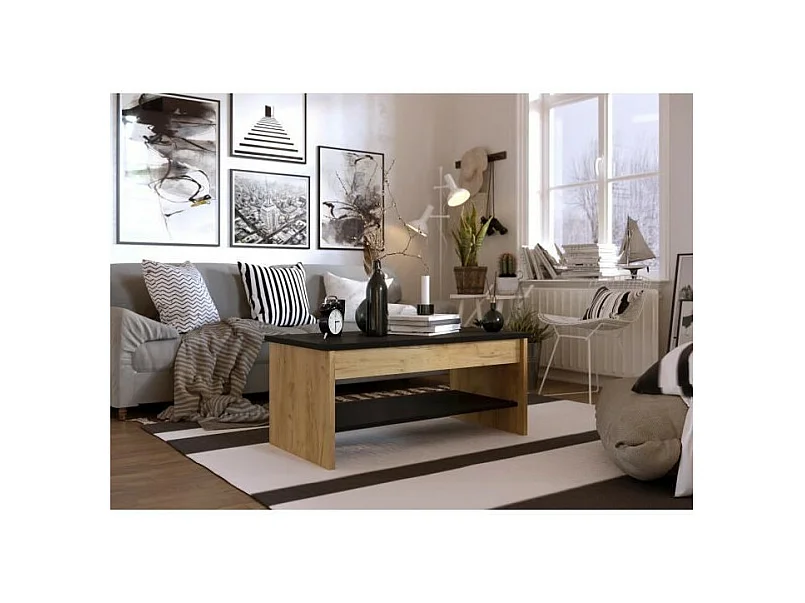 Höhenverstellbarer Couchtisch HAPPY - Dekor Eiche und Schwarz - Industriestil - L 100 x B 50 x H 44 cm