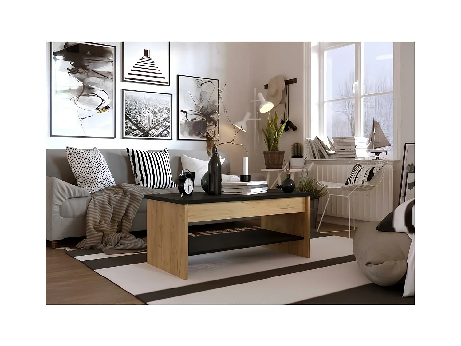 Höhenverstellbarer Couchtisch HAPPY - Dekor Eiche und Schwarz - Industriestil - L 100 x B 50 x H 44 cm