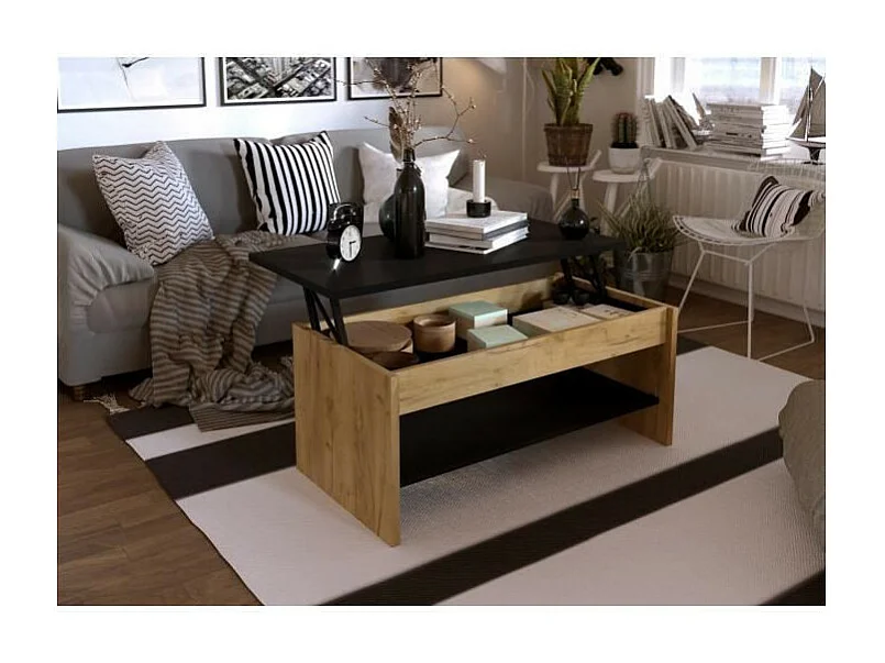 HAPPY Table basse relevable - Decor chene et noir - L 100 x P 50 x H 44 cm