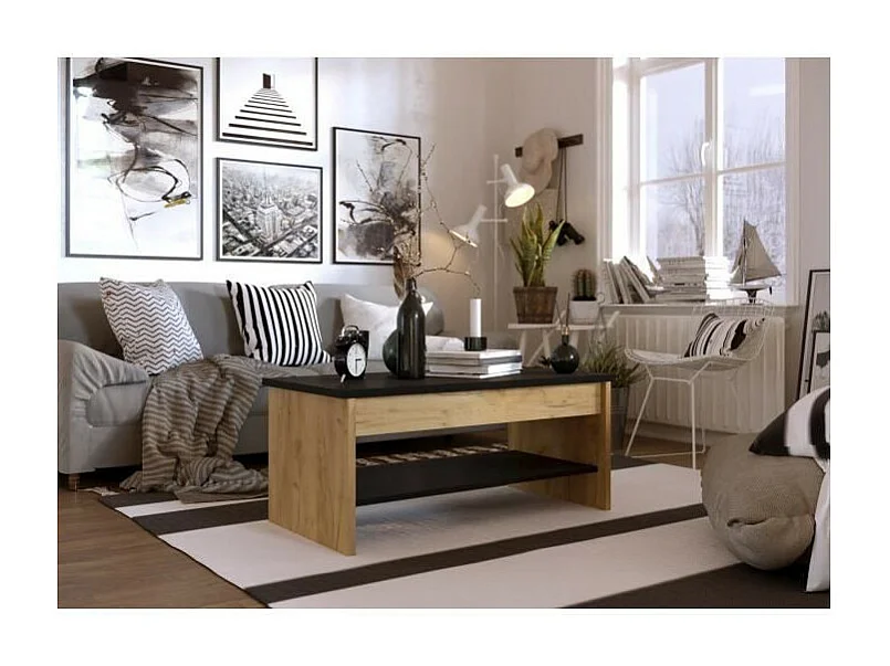 HAPPY Table basse relevable - Decor chene et noir - L 100 x P 50 x H 44 cm