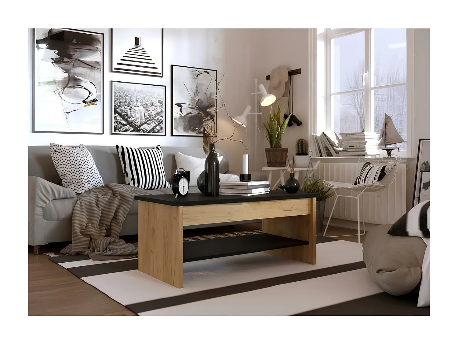 HAPPY Table basse relevable - Decor chene et noir - L 100 x P 50 x H 44 cm