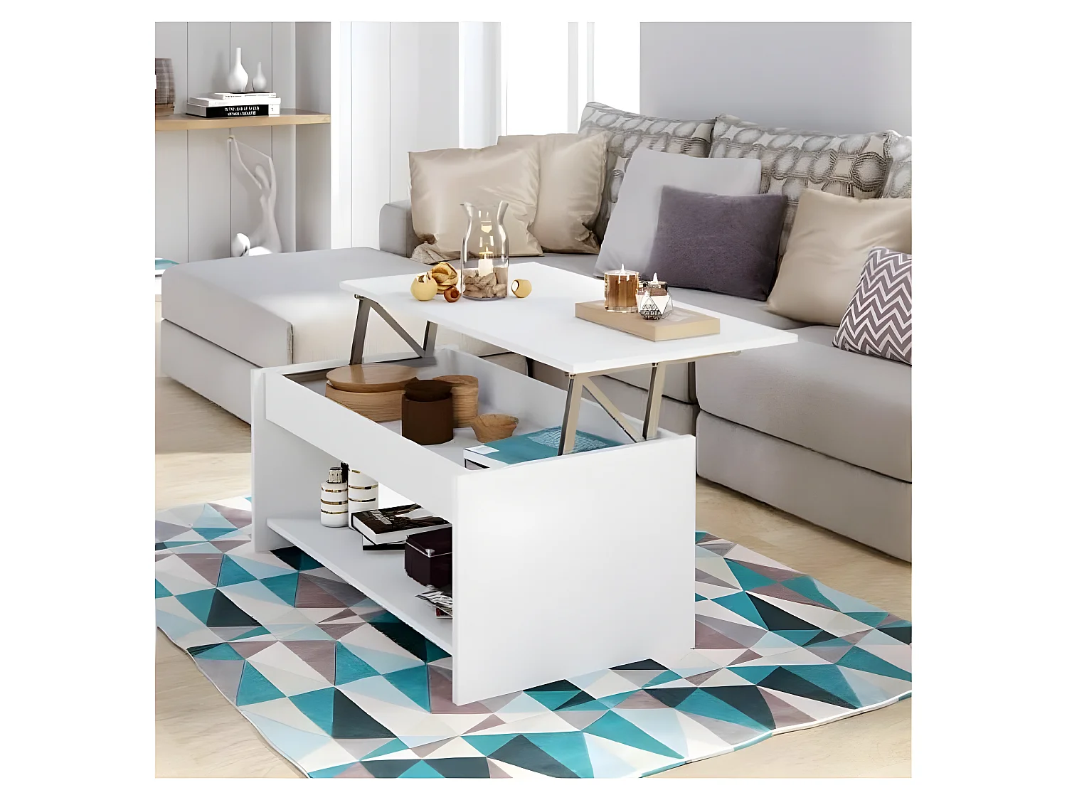 HAPPY eigentijdse witte salontafel met opbergruimte en verstelbare hoogte - L 100 x B 50 cm