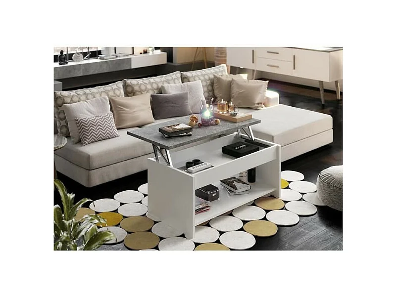 Wohnzimmertisch HAPPY Weiß und Grau - Modernes Design - Kompakt 50 cm - Hochklappbare Platte