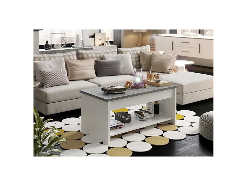 Wohnzimmertisch HAPPY Weiß und Grau - Modernes Design - Kompakt 50 cm - Hochklappbare Platte