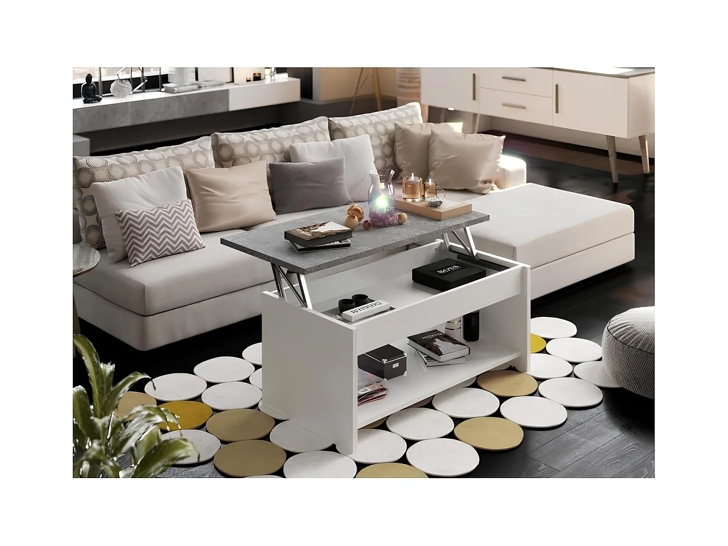 Wohnzimmertisch HAPPY Weiß und Grau - Modernes Design - Kompakt 50 cm - Hochklappbare Platte