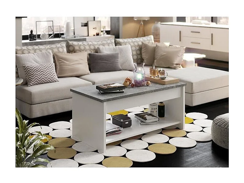 Wohnzimmertisch HAPPY Weiß und Grau - Modernes Design - Kompakt 50 cm - Hochklappbare Platte