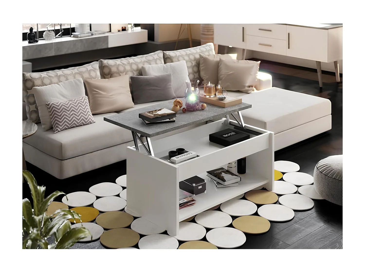 Wohnzimmertisch HAPPY Weiß und Grau - Modernes Design - Kompakt 50 cm - Hochklappbare Platte