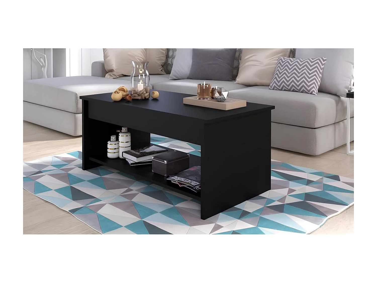Table basse plateau relevable, mélaminé noir, Happy