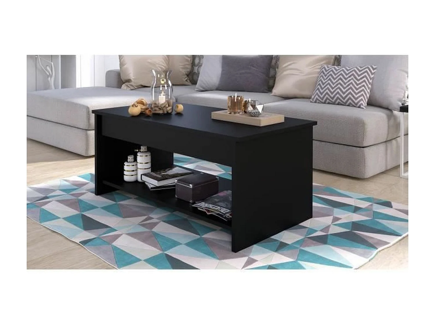 Table basse plateau relevable, mélaminé noir, Happy