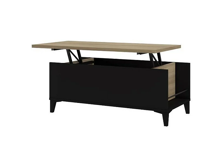 Table basse avec plateau relevable - Decor chene et noir - L 100 x P 50/72 x H 42/55 cm
