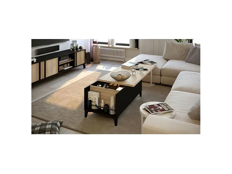 Table basse avec plateau relevable - Decor chene et noir - L 100 x P 50/72 x H 42/55 cm