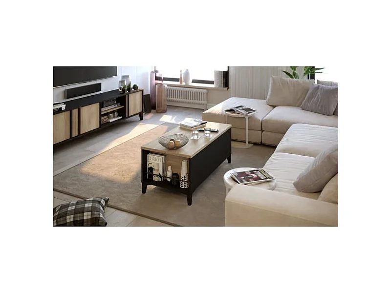 Table basse avec plateau relevable - Decor chene et noir - L 100 x P 50/72 x H 42/55 cm