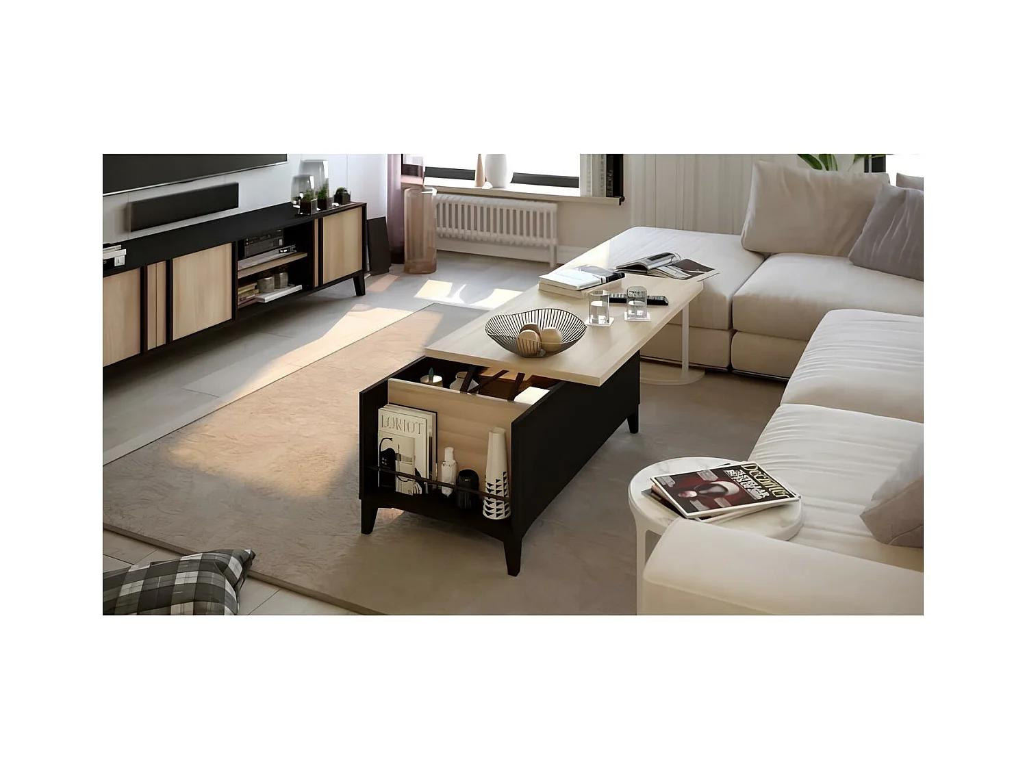 Table basse avec plateau relevable - Decor chene et noir - L 100 x P 50/72 x H 42/55 cm