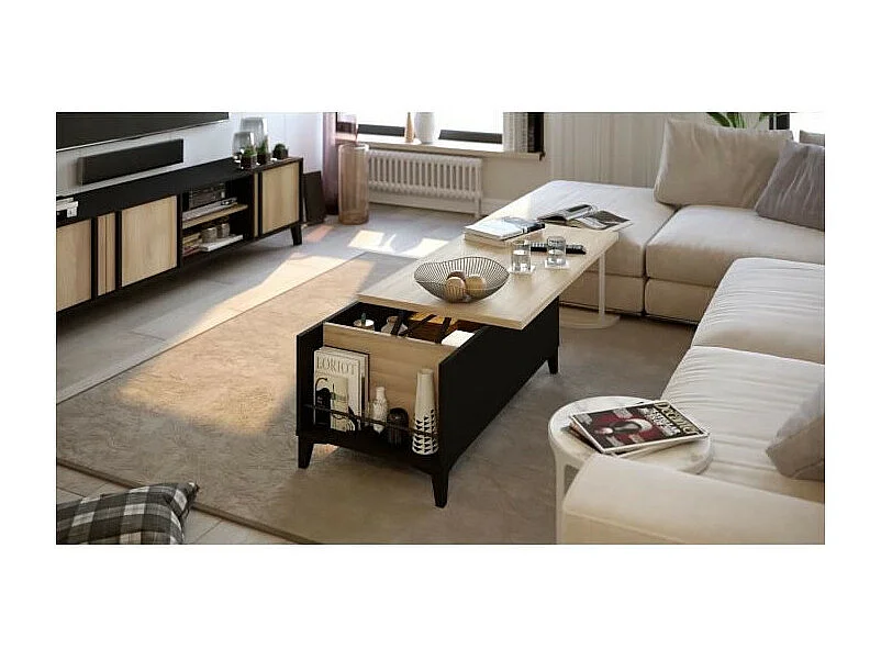 Table basse avec plateau relevable - Decor chene et noir - L 100 x P 50/72 x H 42/55 cm