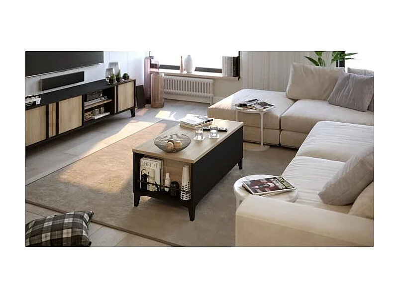 Table basse avec plateau relevable - Decor chene et noir - L 100 x P 50/72 x H 42/55 cm