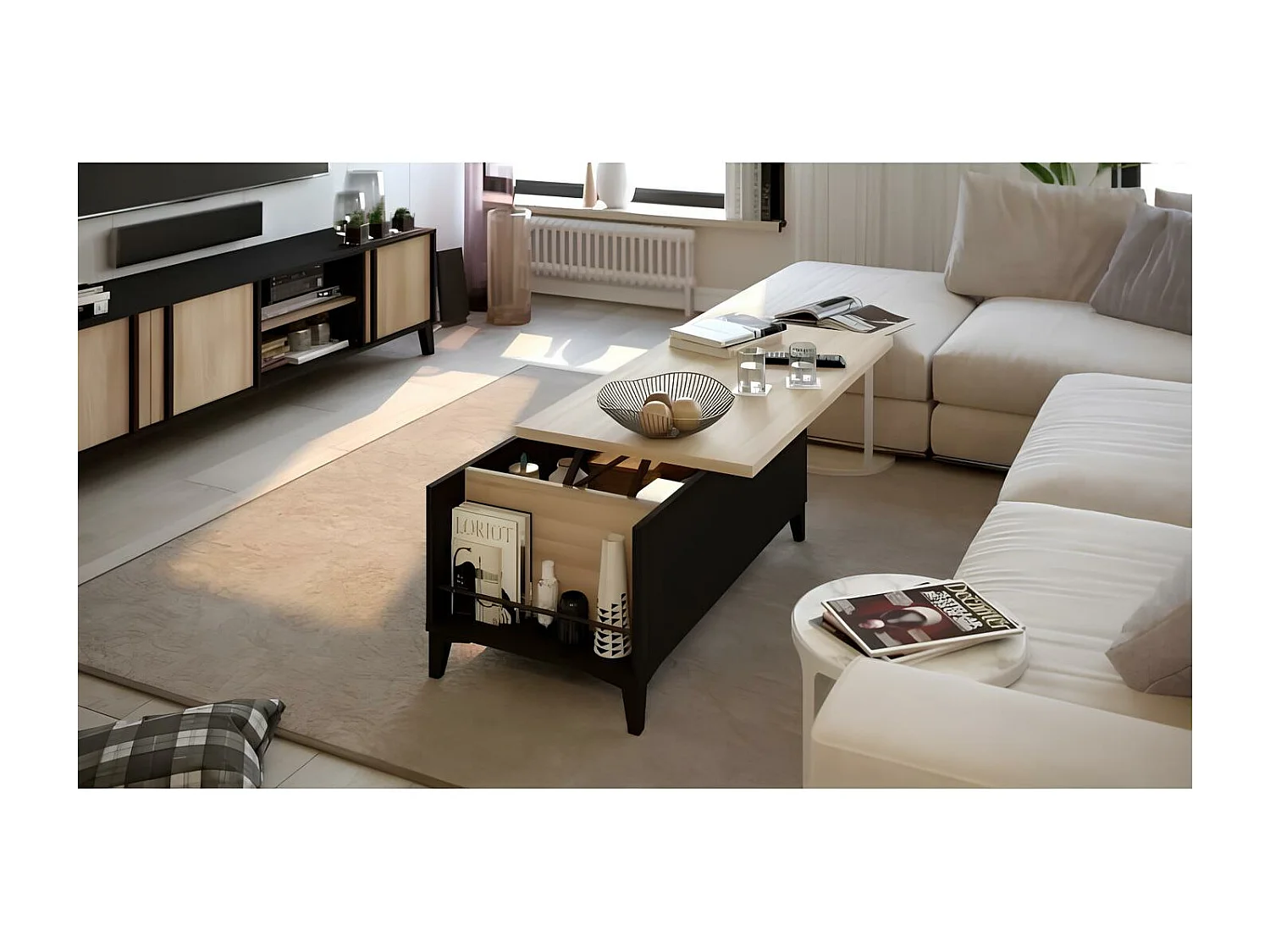 Table basse avec plateau relevable - Decor chene et noir - L 100 x P 50/72 x H 42/55 cm