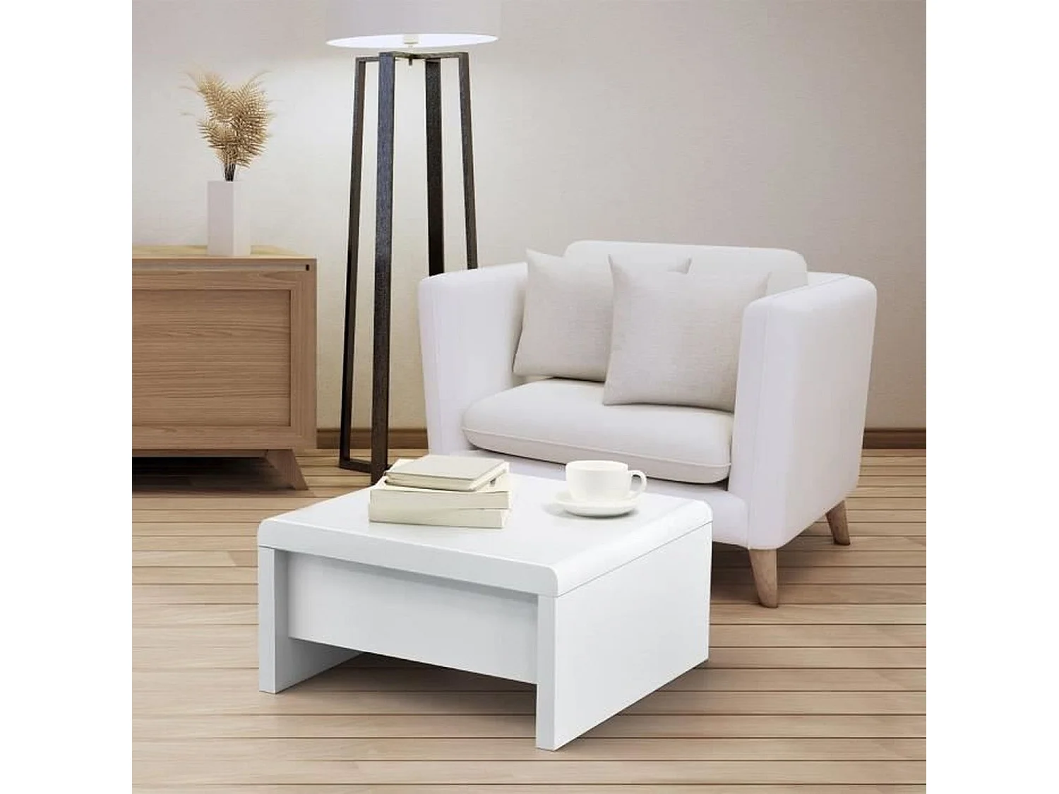 Table basse relevable - Blanc laque - L 75 x P 75 x H 35 - KARL