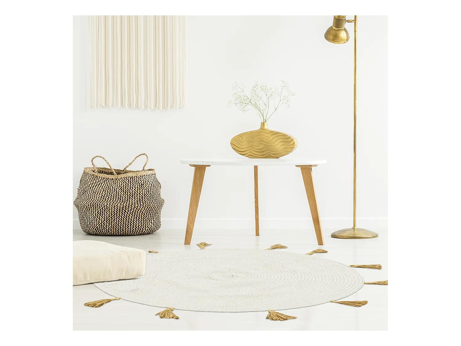 Tapis Rond Coton Pompon Beige 90cm Beige