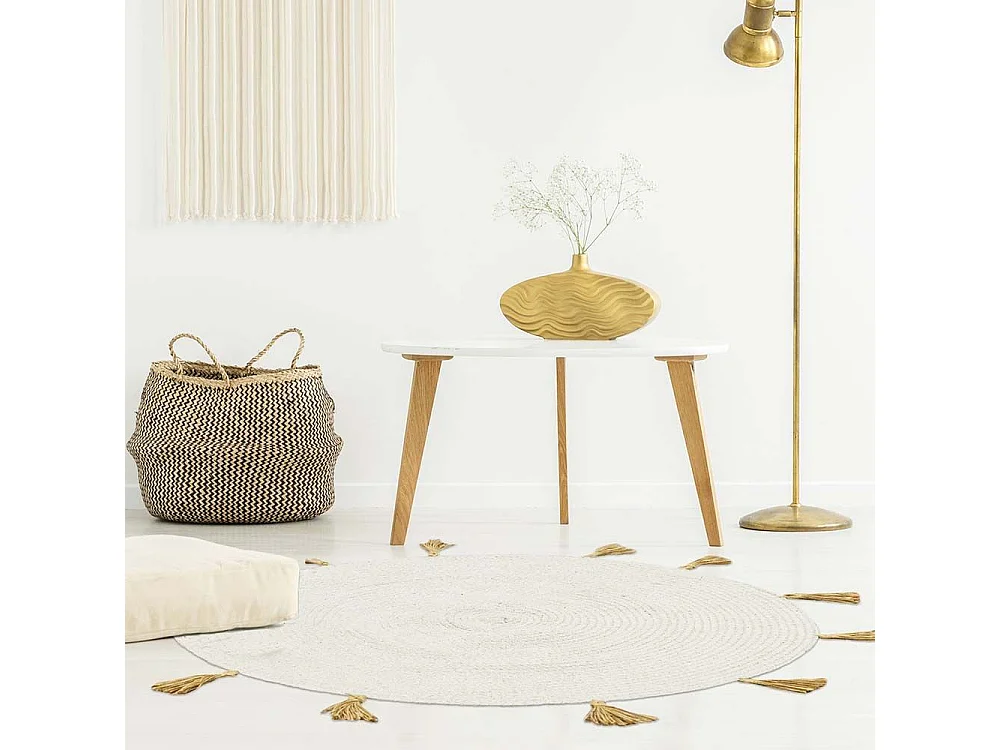 Tapis Rond Coton Pompon Beige 90cm Beige