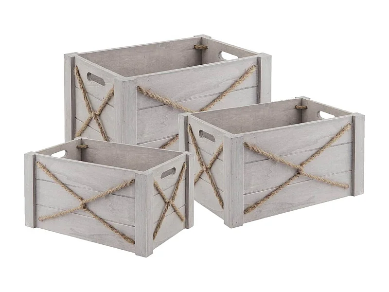 Caisse en bois patiné et corde (Lot de 3)