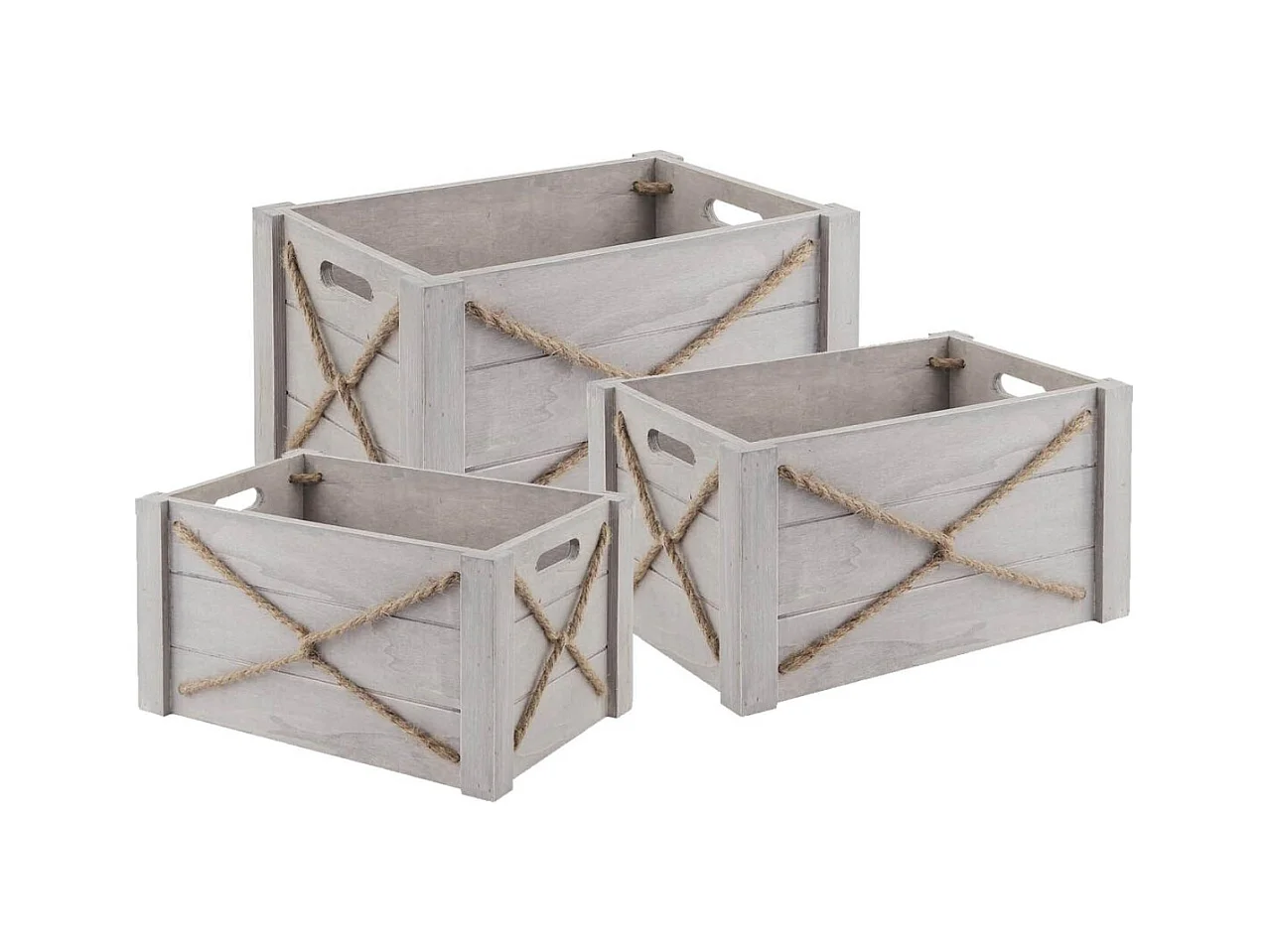 Caisse en bois patiné et corde (Lot de 3)