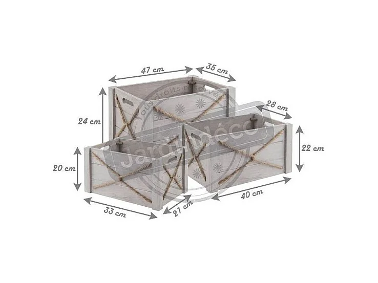 Caisse en bois patiné et corde (Lot de 3)