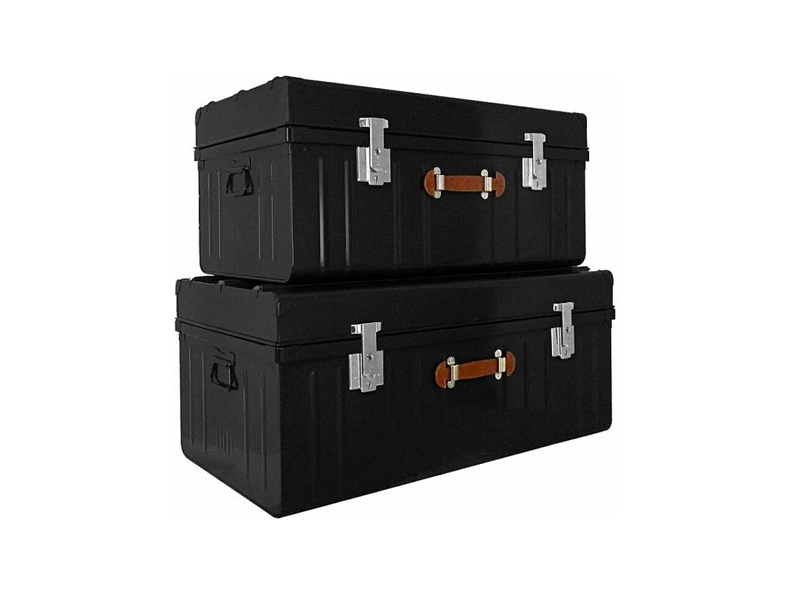 Malle métallique noire avec poignée simili cuir - Lot de 2