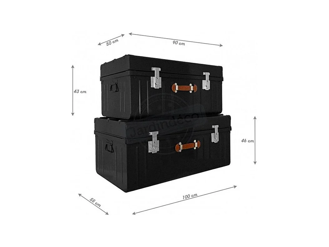 Malle métallique noire avec poignée simili cuir - Lot de 2