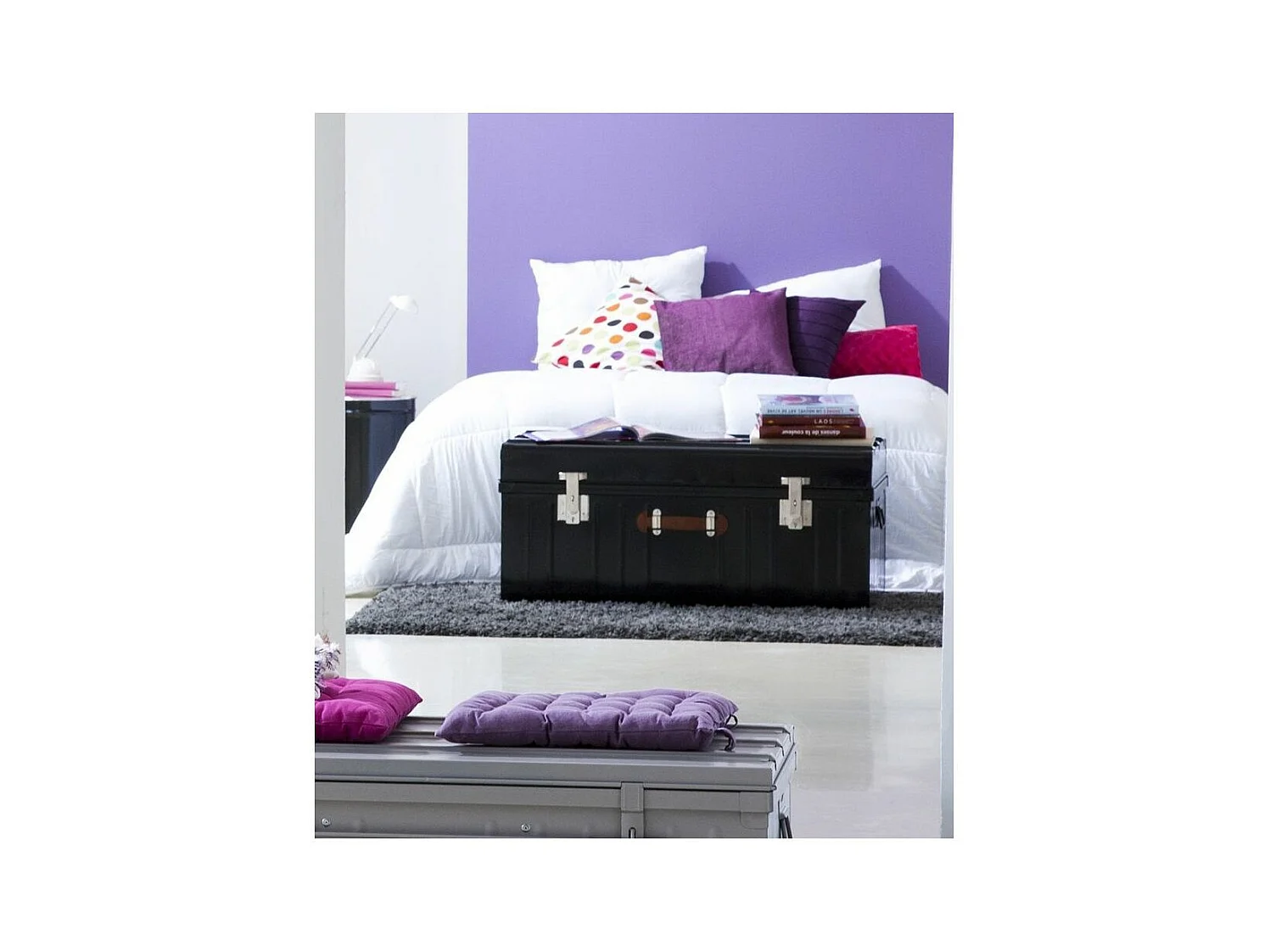 Malle métallique noire avec poignée simili cuir - Lot de 2