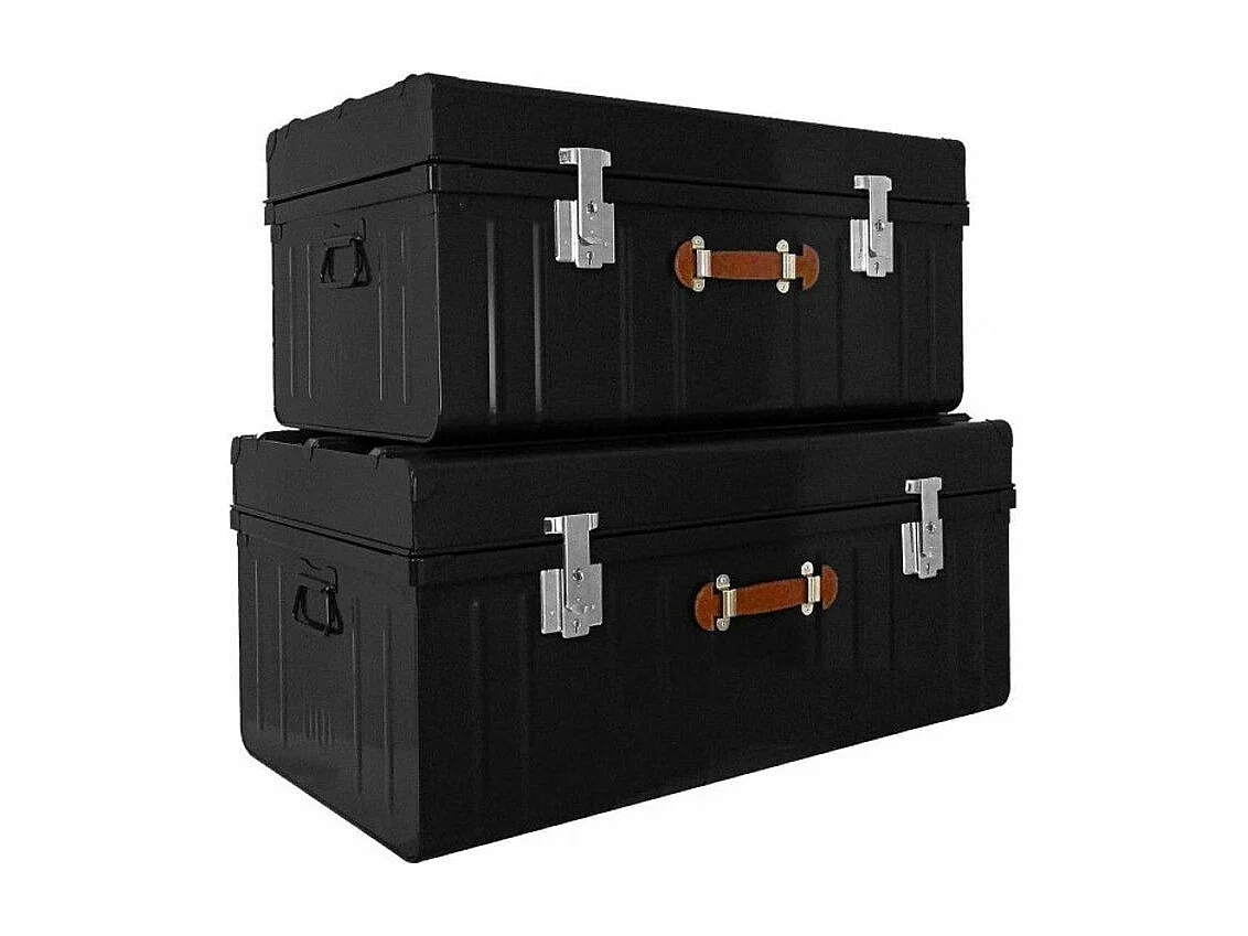 Malle métallique noire avec poignée simili cuir - Lot de 2